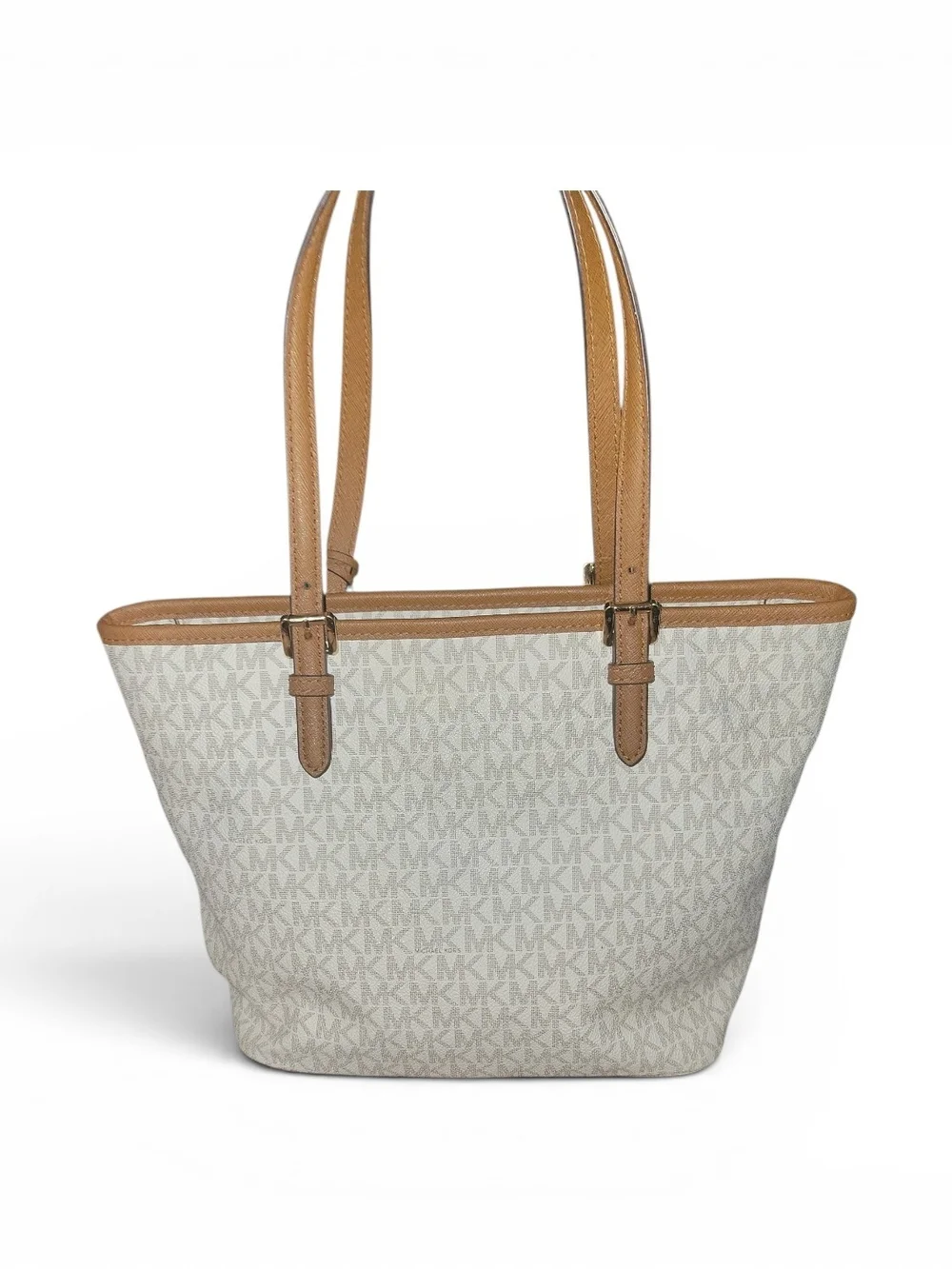 Michael Kors Beige Logo Zip Top Tote with Tan Trim